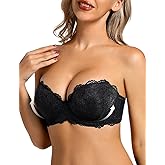 Amafuur Push Up Strapless Bra with Clear Straps Heavily Padded Add 2 Cup Multiway Sexy Lace Balconette Black,32E