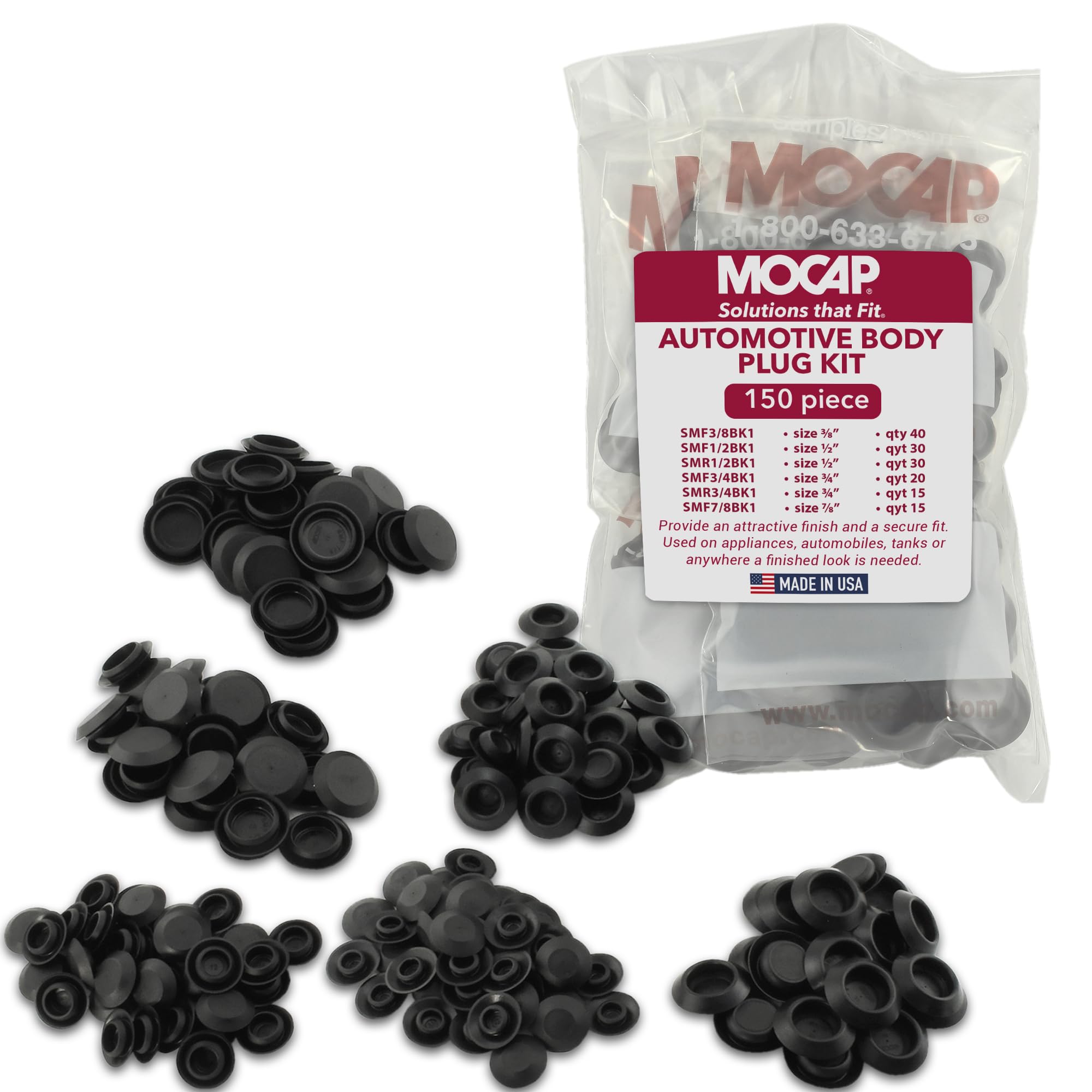 Photo 1 of MOCAP Automotive Body Plug Kit (SMF Series) – Polyethylene Sheet Metal Hole Plugs for Secure, Flush Fit on Auto Bodies, Tanks, HVAC Units – Snap-in Design for a Clean, Finished Look - 150 Total Pcs