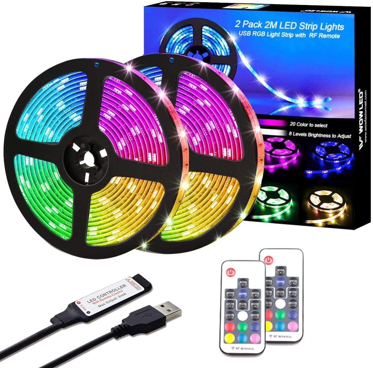 WOWLED RGB Strip Lights, 2 Pack 2M Color Changing USB Powered 5V RGB LED Strips with 17-Keys RF Remote Controller, 13ft IP65 Waterproof Strip Light for Home Kitchen Wedding Party (30LEDS / M)