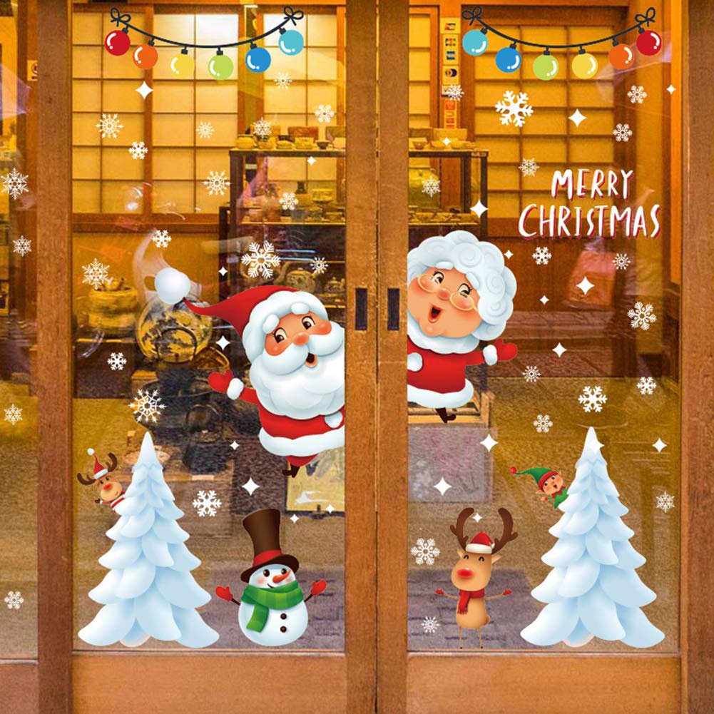 YULOONG Christmas Windows Static Stickers Clings Removable Vinyl Santa Claus Christmas Tree Snowman Snowflake Deer DIY Wall Window Door Mural Showcase Decal Sticker