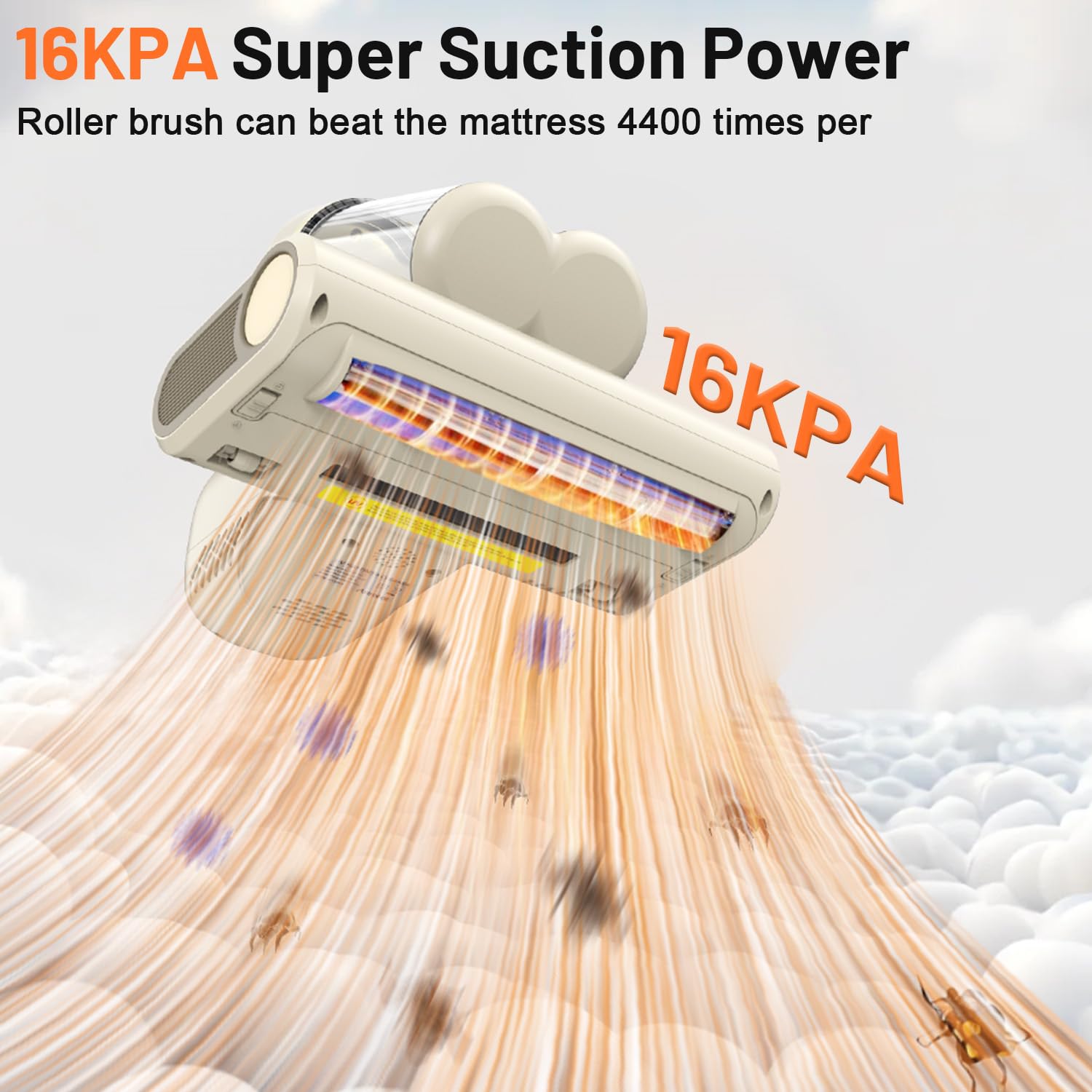 Mattress Vacuum Cleaner,16Kpa Suction with 253.7nm UV-C Light Bed Vacuum, 4400 Beats/Min,140℉ Heat Dry,Double-Cup Handheld Vacuums for BedCouch,Carpet,HEPA Filter System-Corded(White)