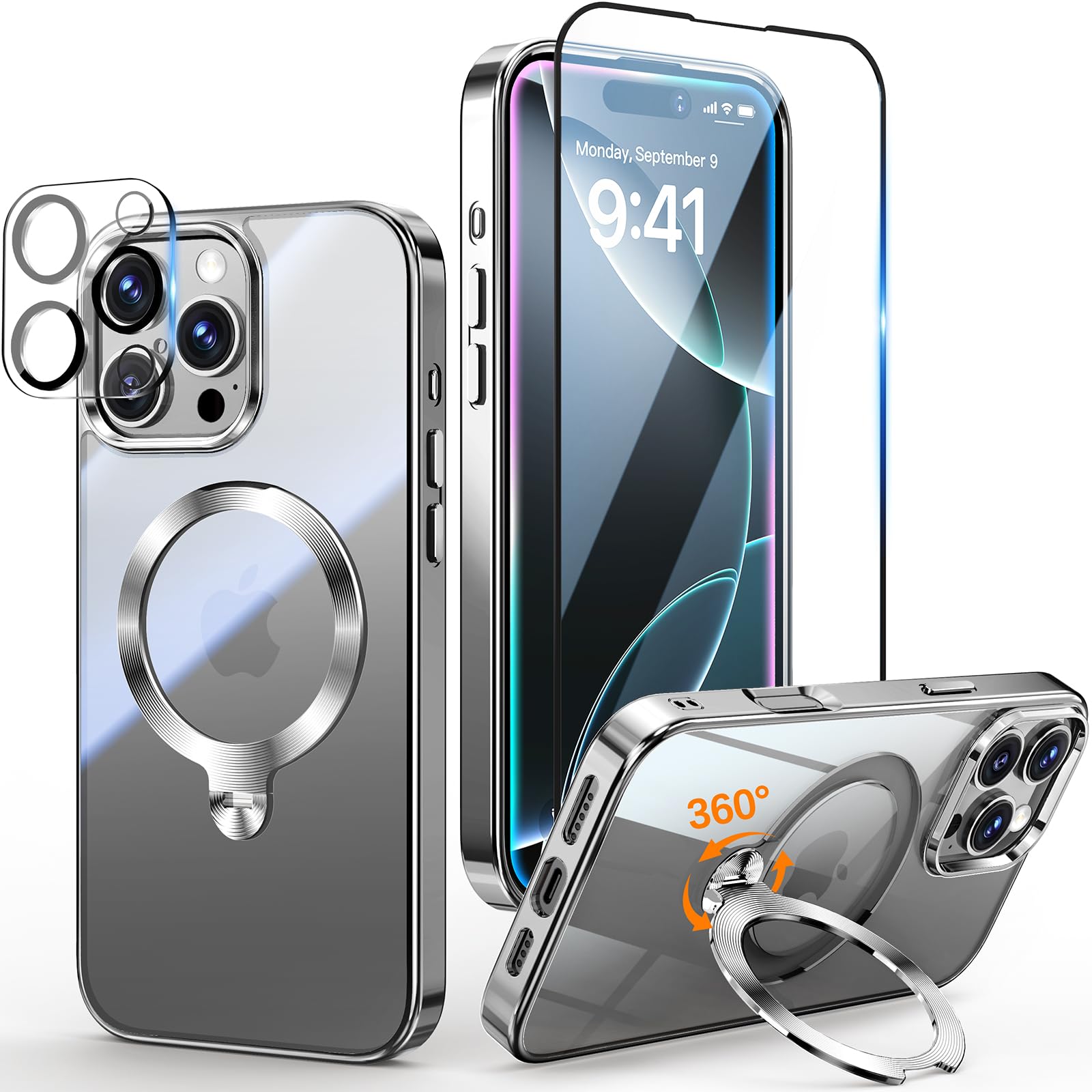 Photo 1 of [Tri-Shield Protection] for iPhone 16 Pro Max Case with 360° Spin Stand Compatible with MagSafe [Magnetic CD Ring][Screen & Camera Protector]Shockproof Plating Never-Yellowing, Natural Titanium-6.9"