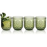 Topsky Vintage Drinking Glass Set of 4,12 oz Embossed Floral Drinkware Set,Green Drinking Glasses Cups Wine Glasses Colored Glassware for Whisky,Beer,Juice,Cocktail,Heavy Duty