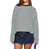 KOSUSANILL Women Oversized Striped Long Sleeve Shirt Crewneck Cropped Tops Drop Shoulder Y2K Preppy Sweatshirt Fall Clothes