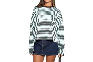 Y2k Womens Striped Cropped Shirt Drop Shoulder Long Sleeve Crewneck Sweatshirt Fairy Grunge Sweater Tops Streetwear