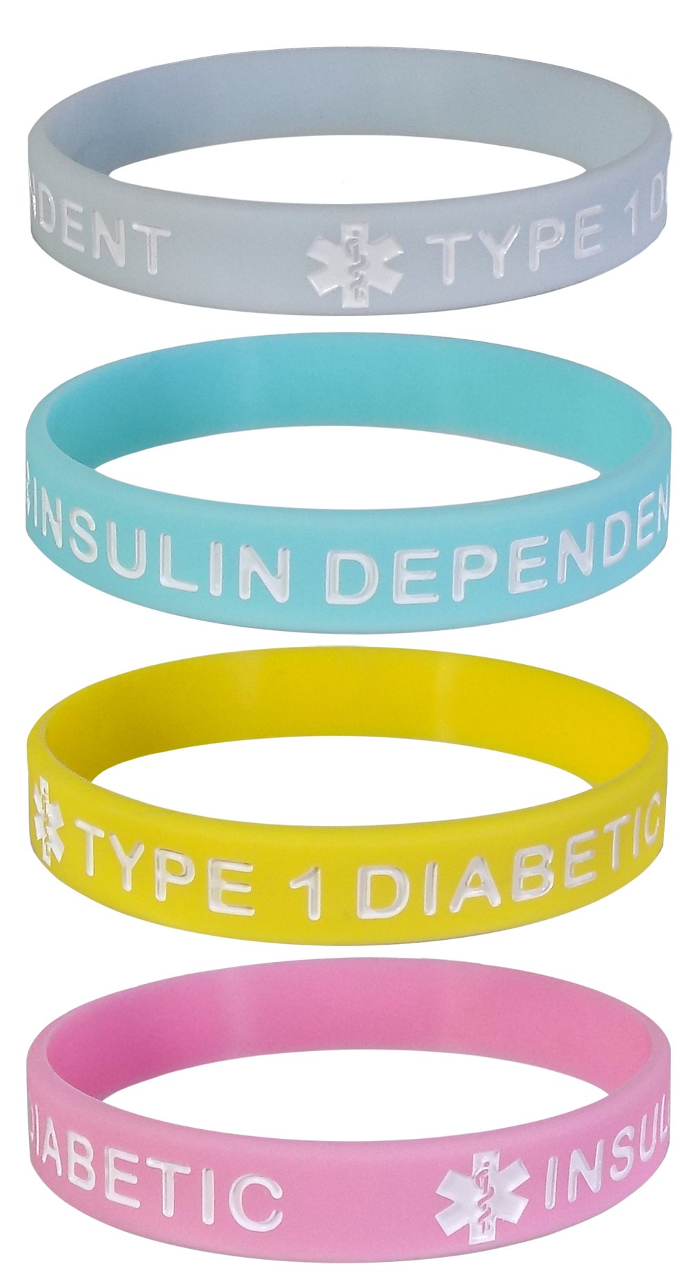 Max Petals TYPE 1 DIABETIC INSULIN DEPENDENT Medical Alert ID Silicone Bracelet Wristbands Pastels 4 Pack, One Size, Rubber, no gemstone