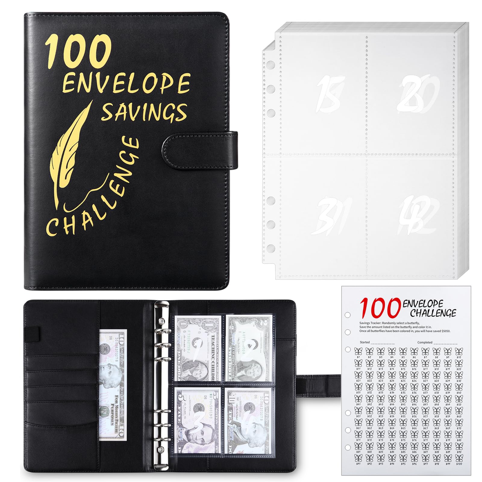 Photo 1 of 100 Envelope Challenge Binder, 25 Sheets Silkscreen Numbers to 100, Not Stickers, Reusable Tracker, Easy and Fun 100 Envelopes Money Saving Challenge Save $5050, Budget Planner & Saving Money (Black)
