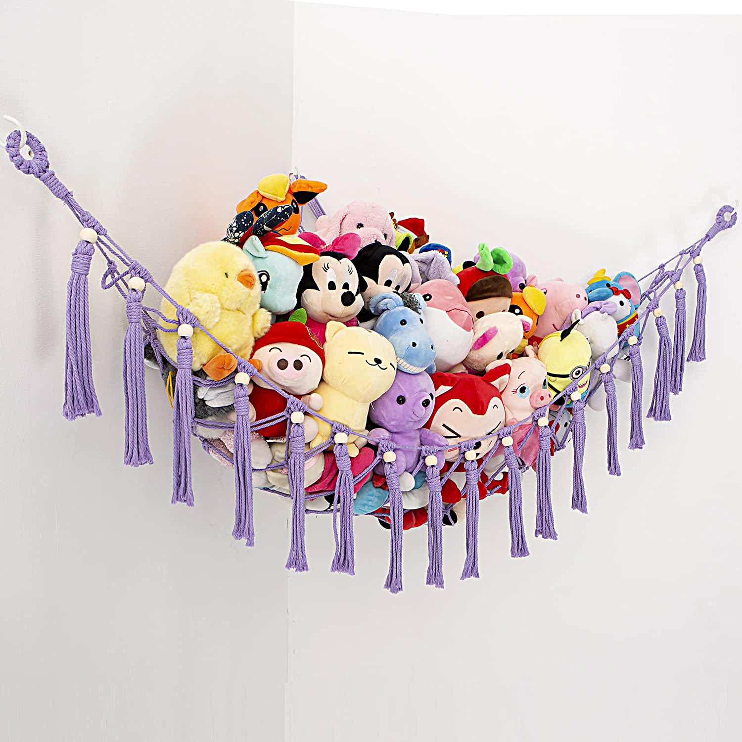 MAKEONEWO Stuffed Animal Hammock Hanging- Macrame Toy Hammock with Wood BeadsTassels-Stuff Animals Organizer Storage Boho Large Corner Plush Toys Net HolderNursery,Playroom,Kids Bedroom-Light Purple