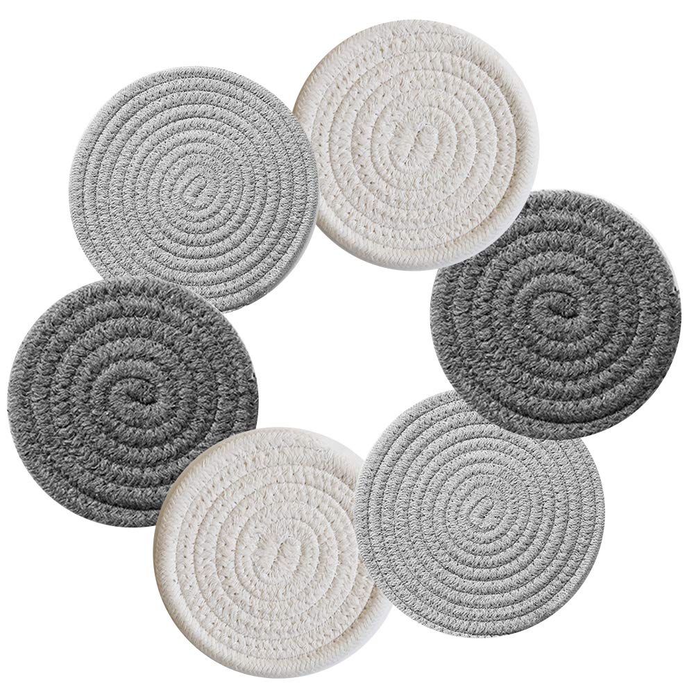 Round Woven Coasters Set of 6, Drinks Cup Coasters Plain Absorbent Table Cup Mat for Beer Tea Coffee Mug Wine Glass, Housewarming Gift, Home Pub Bar, 4.3 In (2* White + 2* Dark Grey + 2* Light Grey)