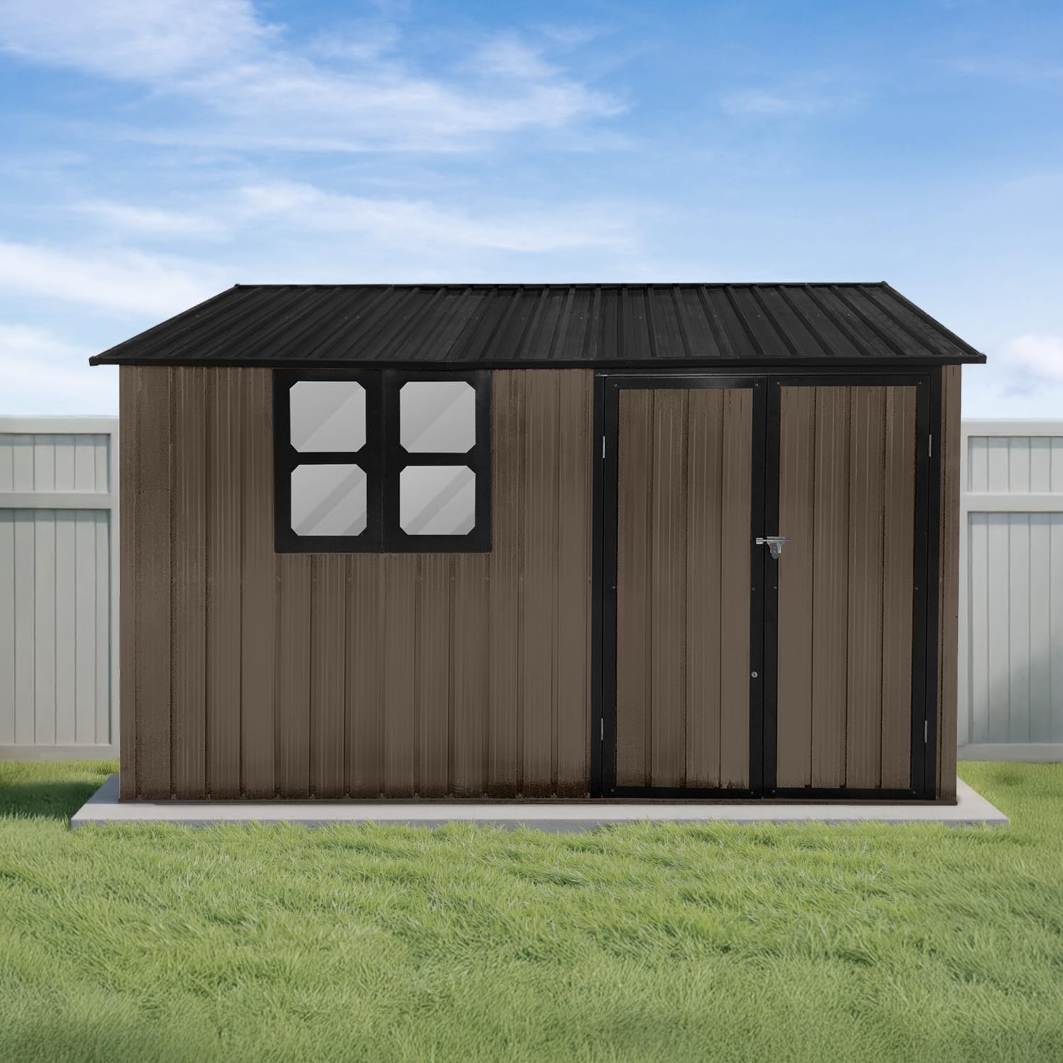 Photo 1 of 10x8 Ft Storage Shed Outdoor, Large Permanent Steel Building with Window, Lockable Doors and 4 Air Vents for Backyard Garden Patio Lawn - Brown