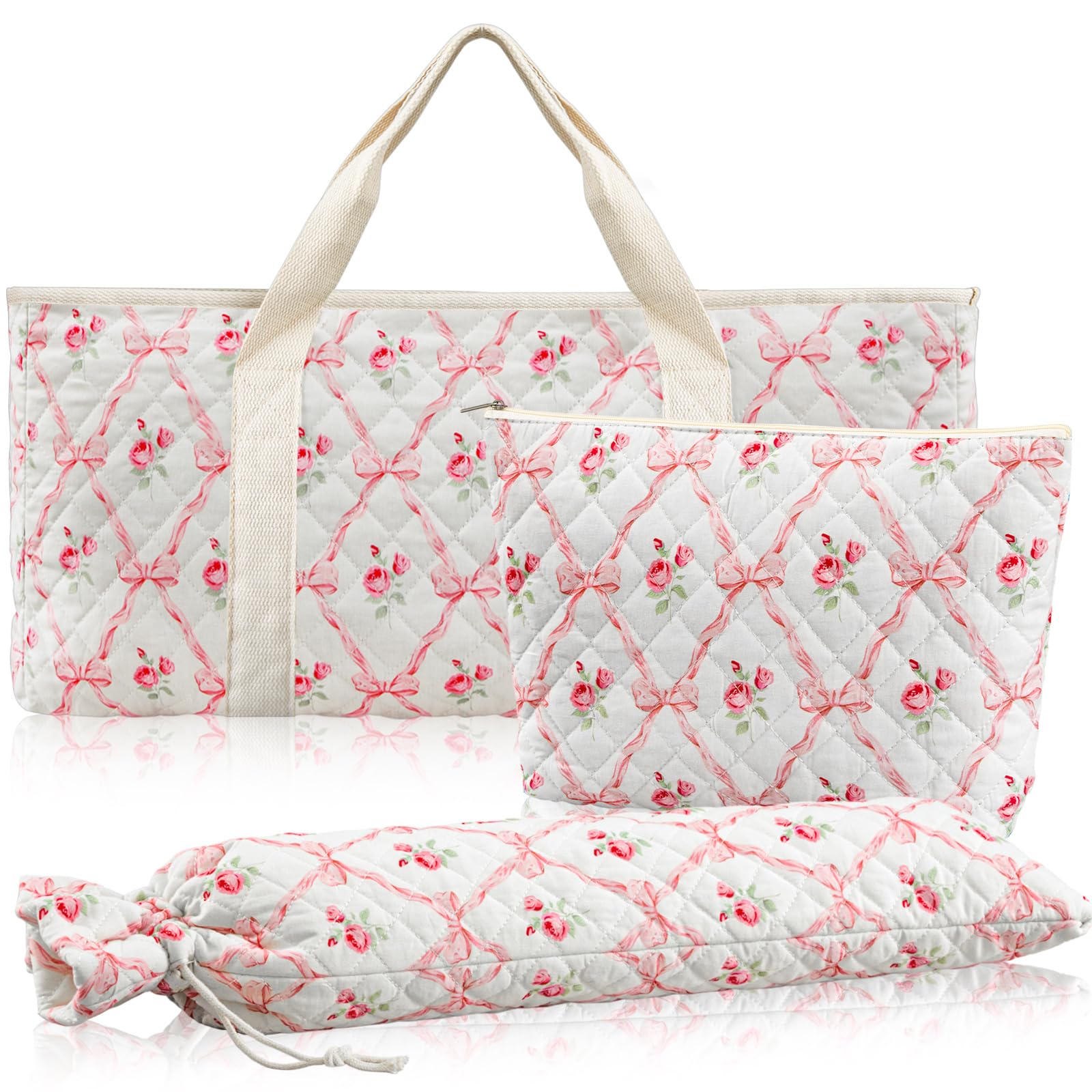 Photo 1 of Shinylin 3 Pcs Empty Mahjong Bag Set, Thickened Pink Bow Quilted Carrying Bag Set with Two Wrappers, Card Bags, Mahjong Racks and Card Pusher Drawstring Bags (Case Only)