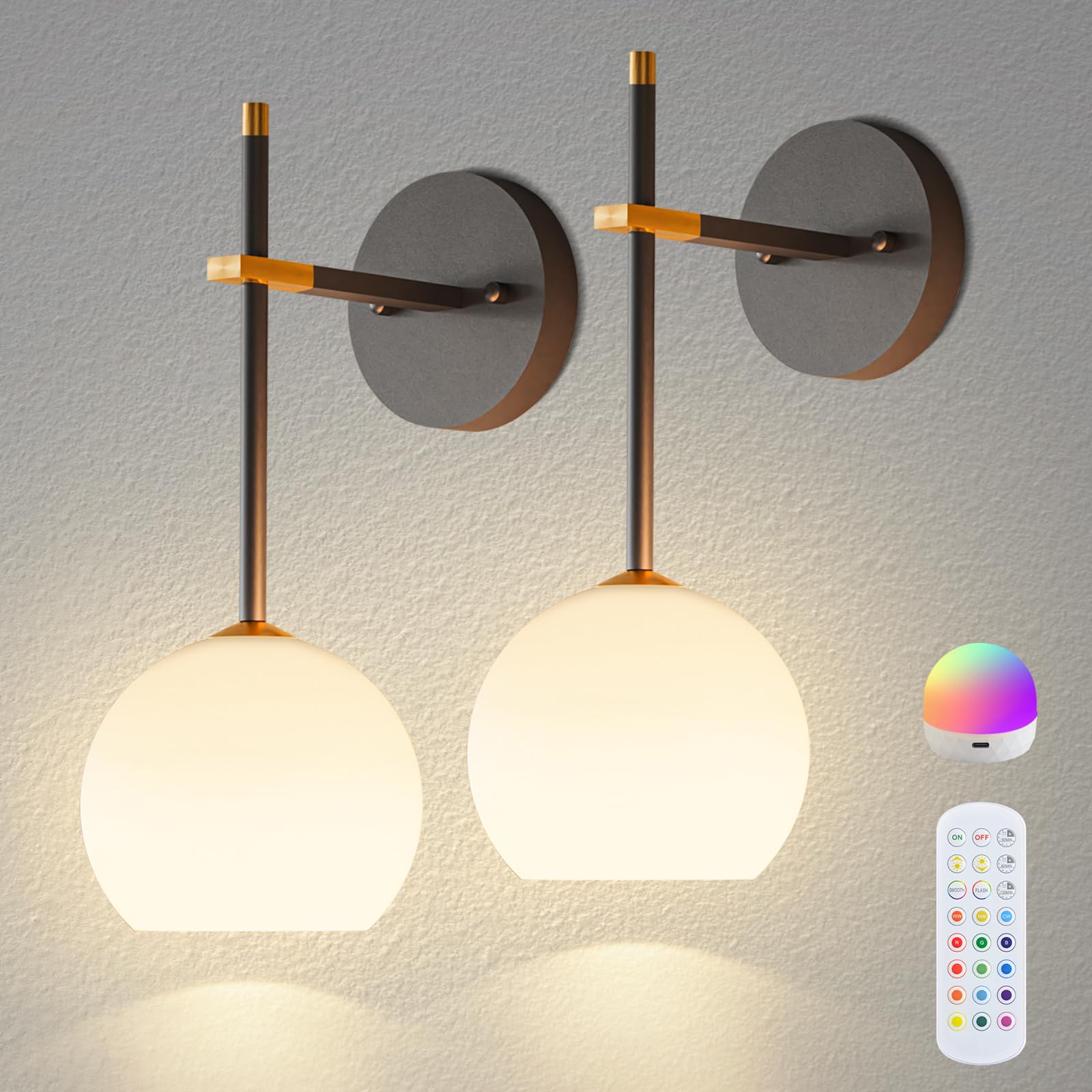 Photo 1 of ***JUST LAMP COVERS*** Black and Gold Battery Operated Wall Sconces Set of 2, Wireless Rechargeable Wall Light Fixtures for Home Decor, 12 RGB and 3CCT Dimmable Wall Lamps with Remote for Bedroom Living Room Hallway