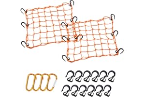 Thewinio Cargo Net 15"x15" Stretches to 30"x30" with Thicken Hooks | Natural Latex Core, Tight 2”x2” Mesh Small Heavy Duty Bungee Net for Motorcycle Helmet, Bike, ATV, UTV, Luggage (Orange, 2 Pack)