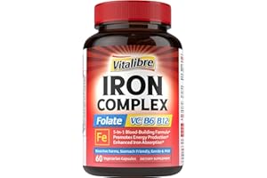 VITALIBRE Iron Supplement for Women & Men, with Vitamins C, B6, B12 & Folate for Iron Deficiency, Blood Building & Energy Support, Stomach Friendly, Better Absorption, Non-GMO, No Gluten, 60 Vegan Caps