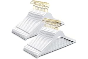 Amber Home 30 Pack Solid Wood Suit Coat Hangers, Smooth White Finish Wooden Dress Hangers with Non Slip Pant Bar, Clothes Hangers with Gold Hook & Notches for Jacket, Pant, Shirt (White+Gold, 30)