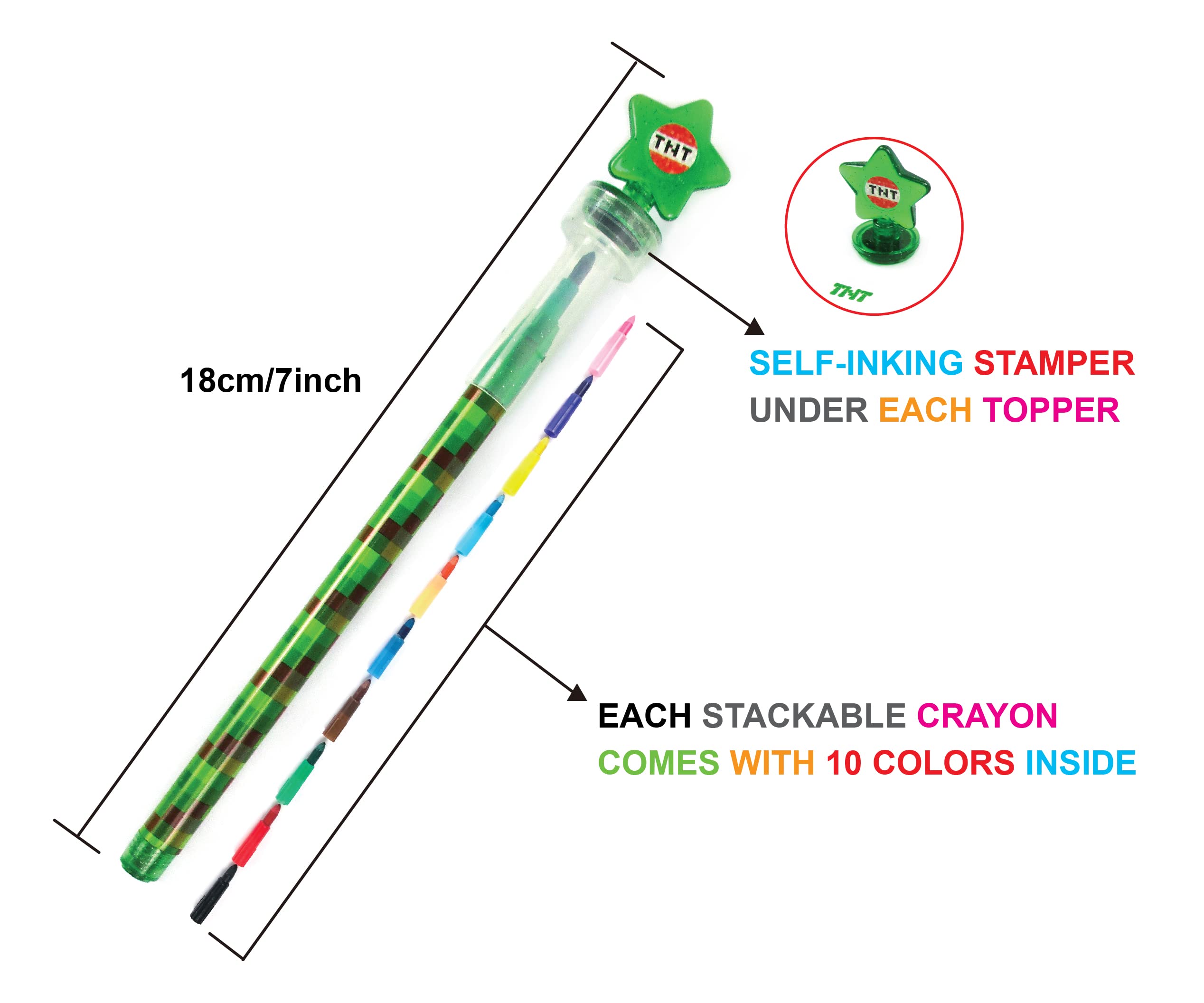 TINYMILLS 24 Pcs Pixel Miner Themed 2 in 1 Stackable Stacking Crayon with Extra Stamper Topper, Kids Party Favors, Goodie Bag Stuffers, Classroom Rewards, Prizes