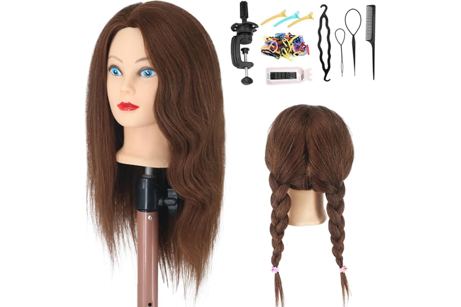 Mannequin Head with 100% Human Hair for Hairstyling Practice, Realistic Makeup Head with Clamp for Beauty Salon Cosmetology Students, Display Styling Head (Brown)