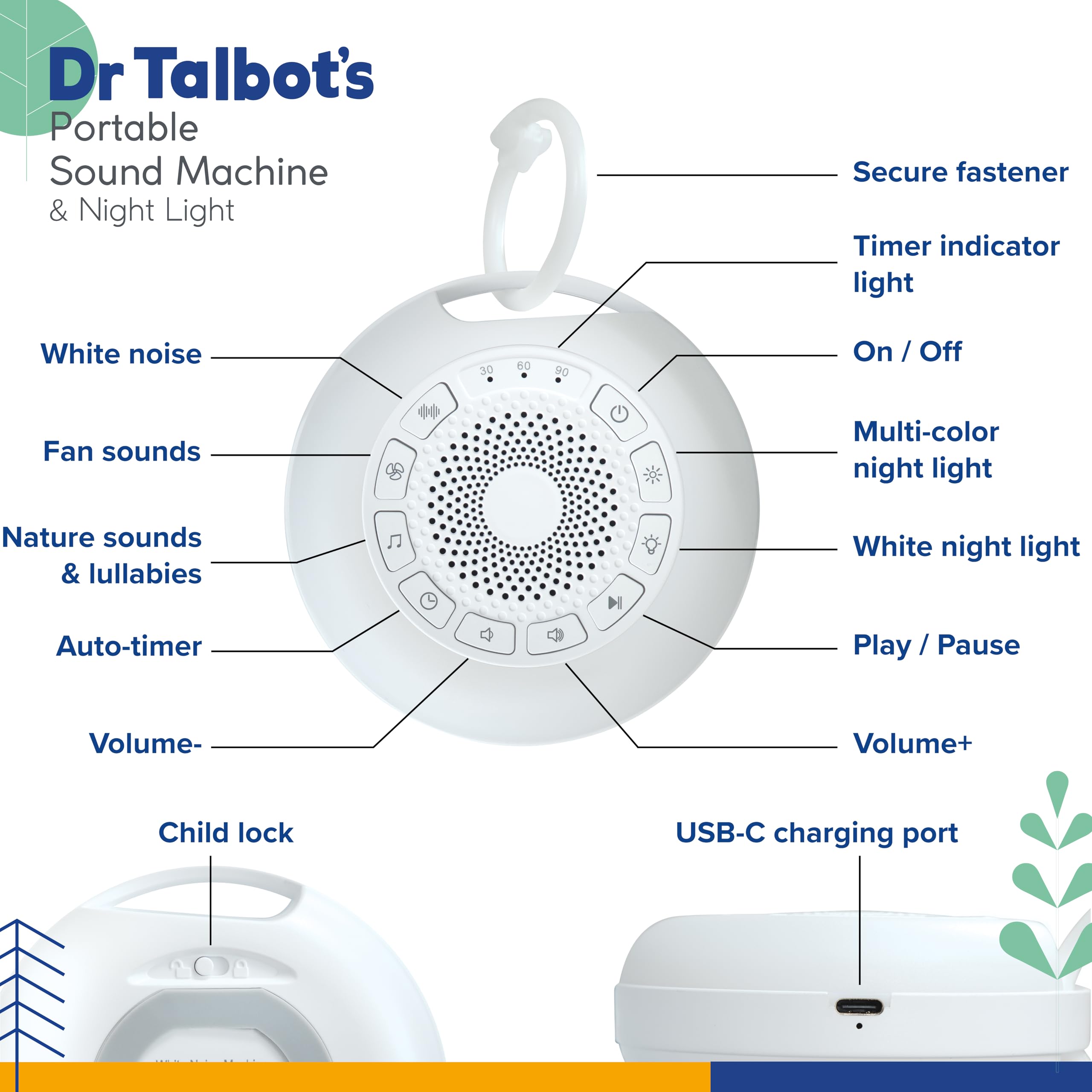 Dr. Talbot's Portable Sound Machine & Night Light - White Noise Machine with Battery Operated Night Light for Baby Nursery - Features 26 Sleep Sounds & 7 Light Colors - Baby Essentials