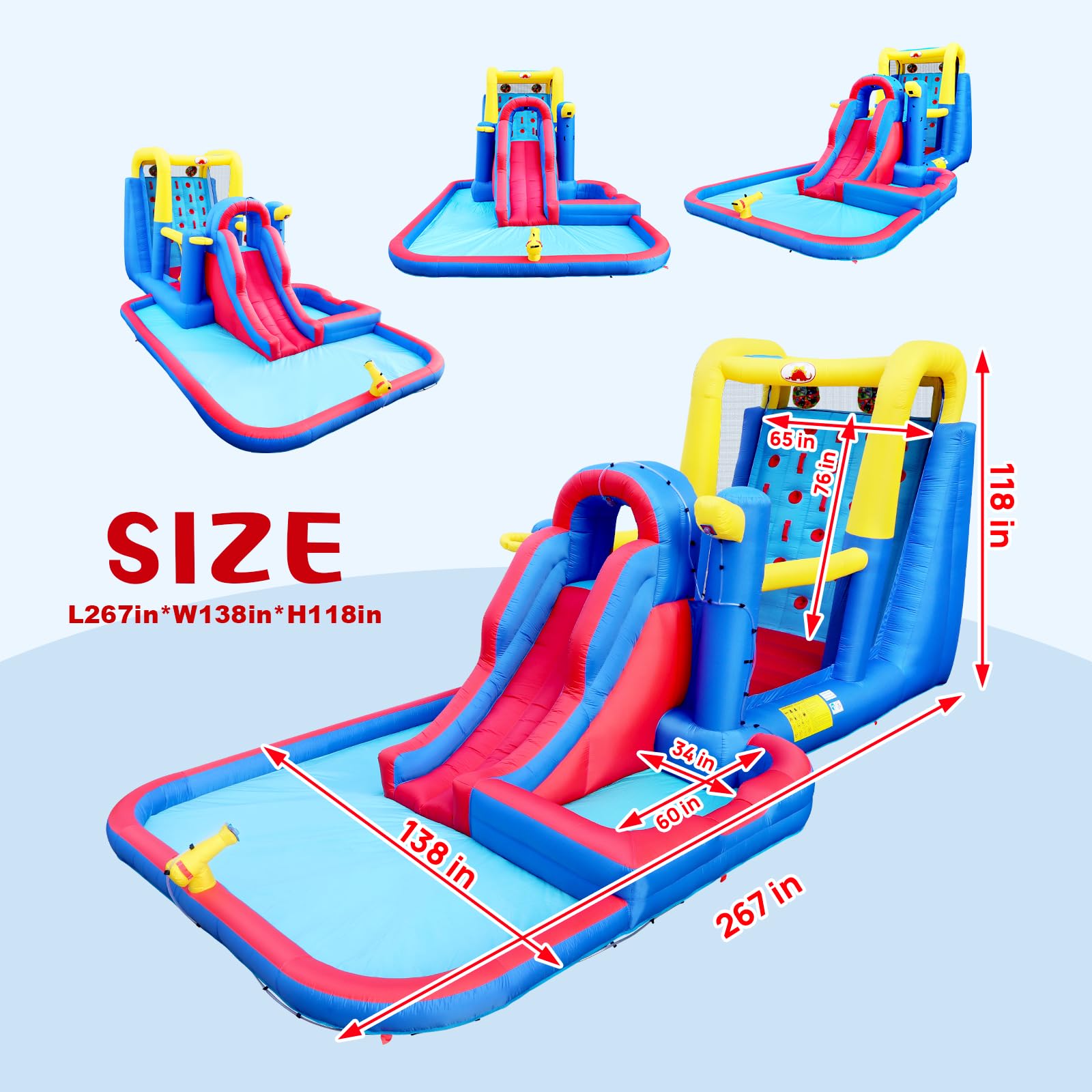 Inflatable Jumping Castle with Large Climbing Wall, 267 x 138 x 118 Inch Bounce House with Air Blower, Dual Target and Basketball Rock