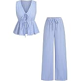 SweatyRocks Women's 2 Piece Outfits Striped Bow Tie Front Sleeveless Peplum Top and Pants Sets