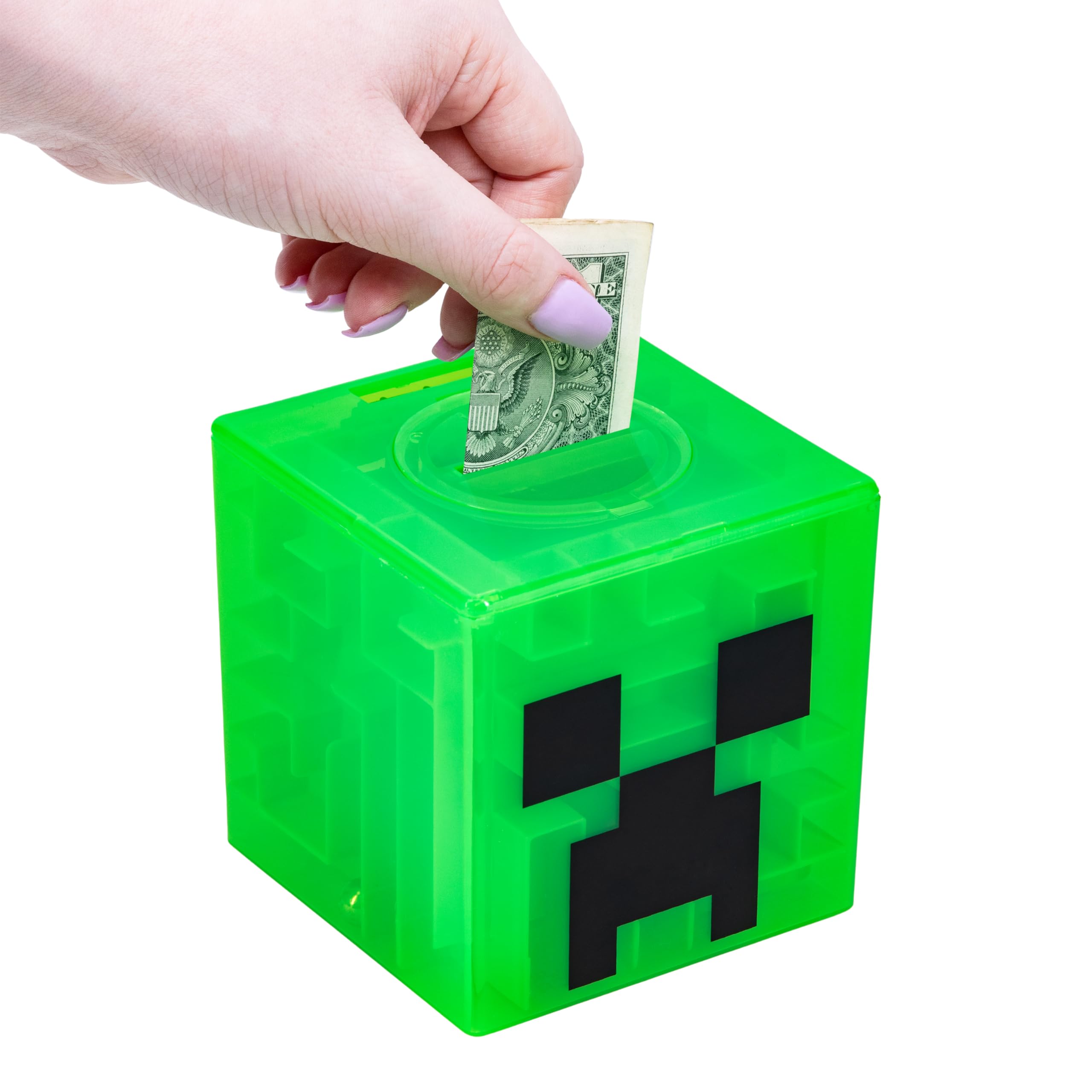 Paladone Minecraft Creeper Maze Safe, Complete The Maze to Unlock Money, Fun Minecraft Block Collectible Toy and Piggy Bank for Kids, Comes with Decorative Stickers