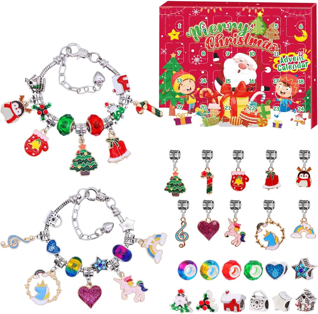 Advent Calendars - ZMLM Christmas Advent-Calendar Bracelet for Girl: Christmas Themed for 24 Days Countdown with 2 Bracelets Making Kit and 22 DIY Charm Beads for Kids Best Gifts for Age 3-14 Girls Teens Toddler