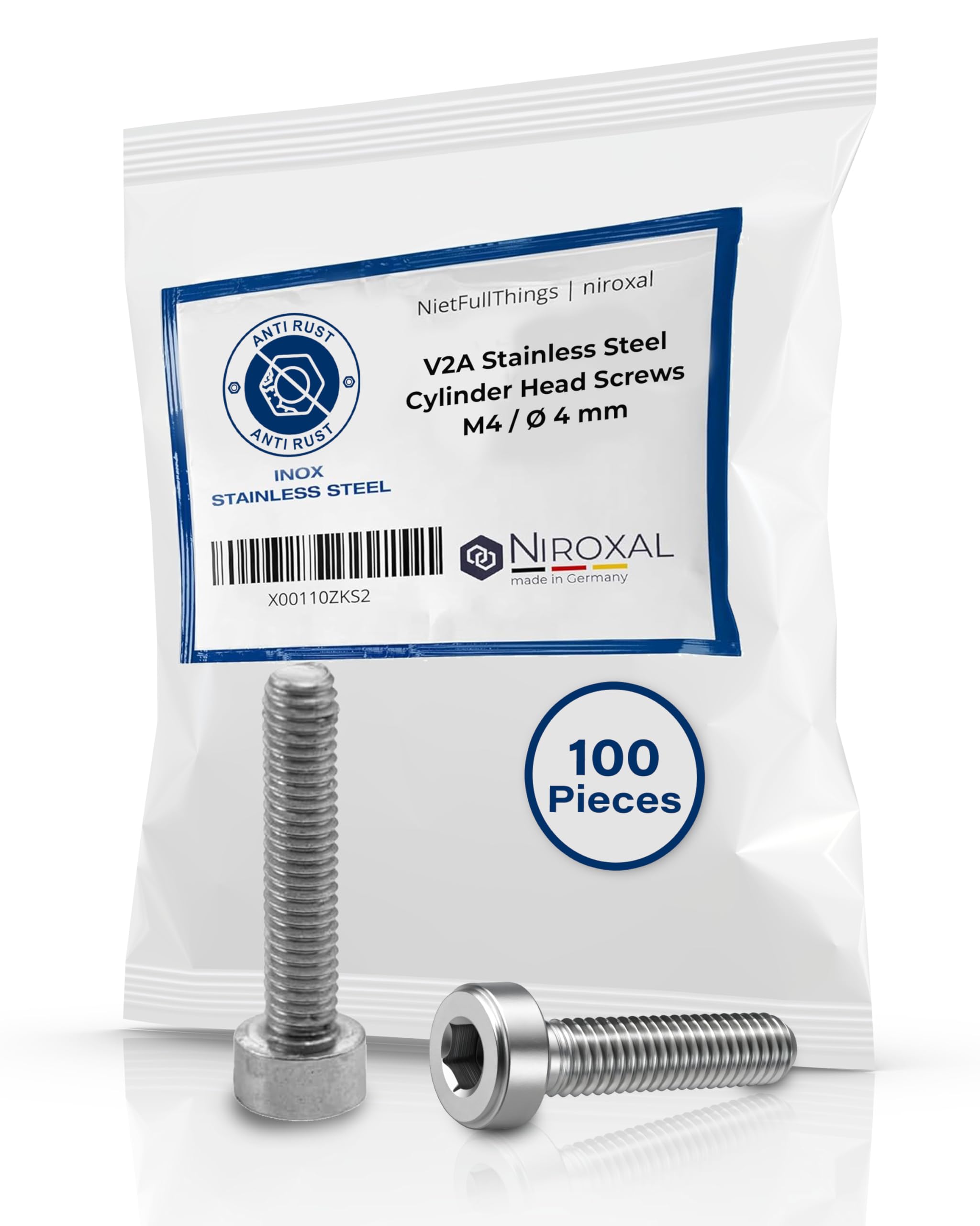 Stainless Steel Socket Head Cap Screws M4 (4 mm) (AISI 304) V2A DIN 912 / ISO 4762 | Hex Socket | 25 mm Full Thread | Length 25 mm | 100 pcs