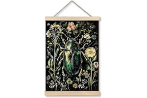 GDJIEGBC Dark Green Botanical Vintage Floral Beetle Poster Wall Art Framed, Retro Moody Cottagecore Botanical Wildflower Beetle Insect Canvas Prints Wall Decor for Home Bedroom Office, 12x16 Inch