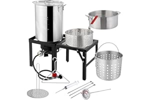 ROVSUN 30QT Turkey Fryer & 10QT Fish Fryer with 55000BTU Propane Burner, Outdoor Deep Fryer & Seafood Crawfish Boiler Steamer Pot with Thermometer, Marinade Injector, Turkey Rack & Rack Lifter