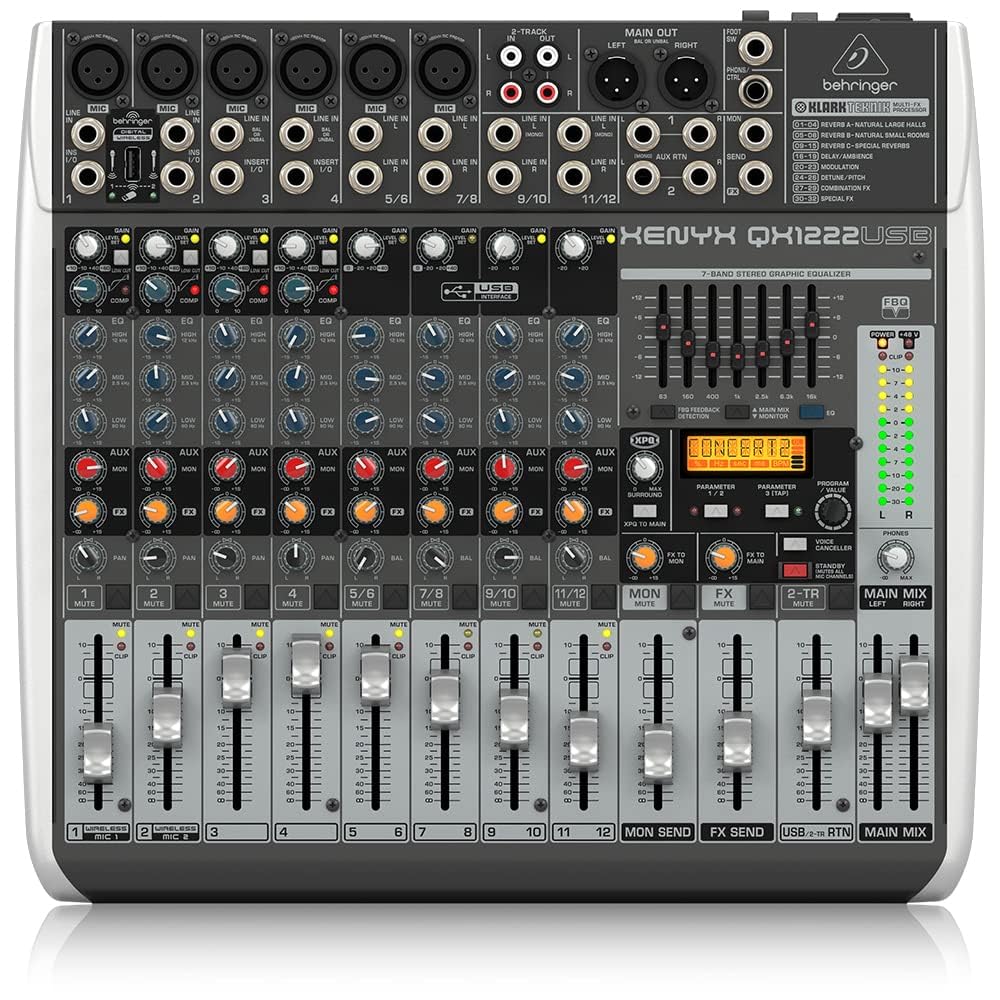 Behringer XENYX QX1222USB Premium 16-Input 2/2-Bus Mixer with XENYX Mic Preamps and Compressors, Klark Teknik Multi-FX Processor, Wireless Option and USB/Audio Interface