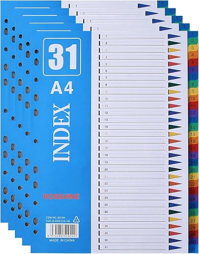 ROSSHINE 5 Pack 1-31 Part A4 File Dividers 11-Hole PVC Multi-Color Content List