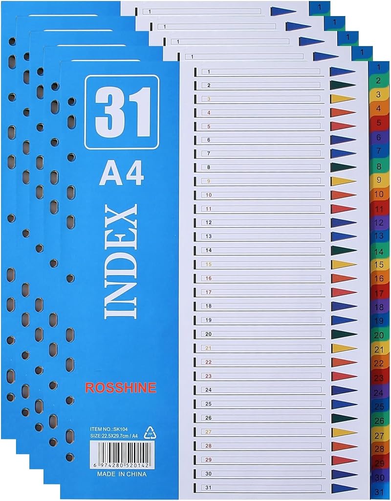 ROSSHINE 5 Pack 1-31 Part A4 File Dividers 11-Hole PVC Multi-Color Content List