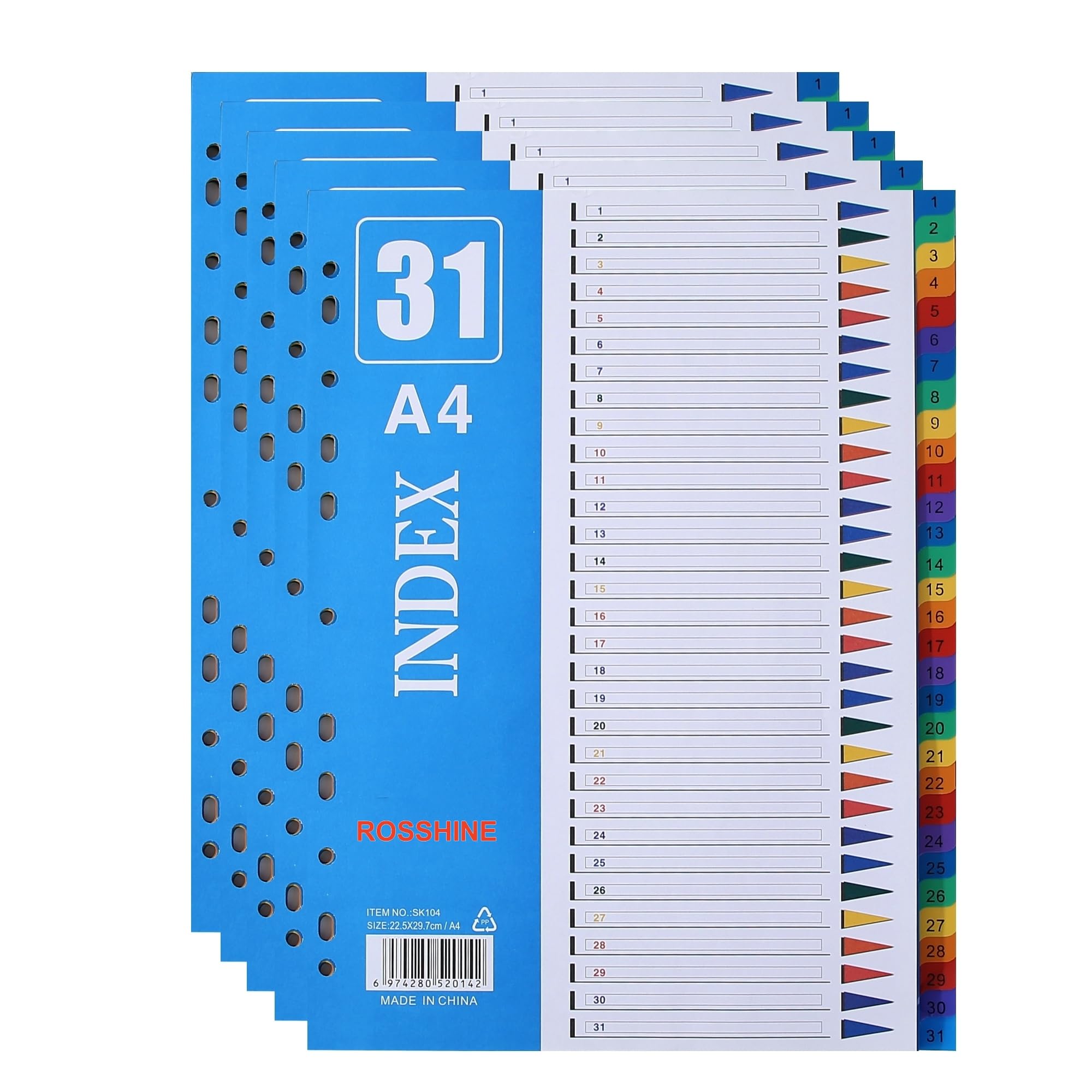 1-31 Part File Dividers A4, 【5Pack】 Plastic A4 Folder Dividers for Ring Binders with11-Holes & Content List, Multi-Colour Index Dividers for Lever Arch Files Ideal for Office School