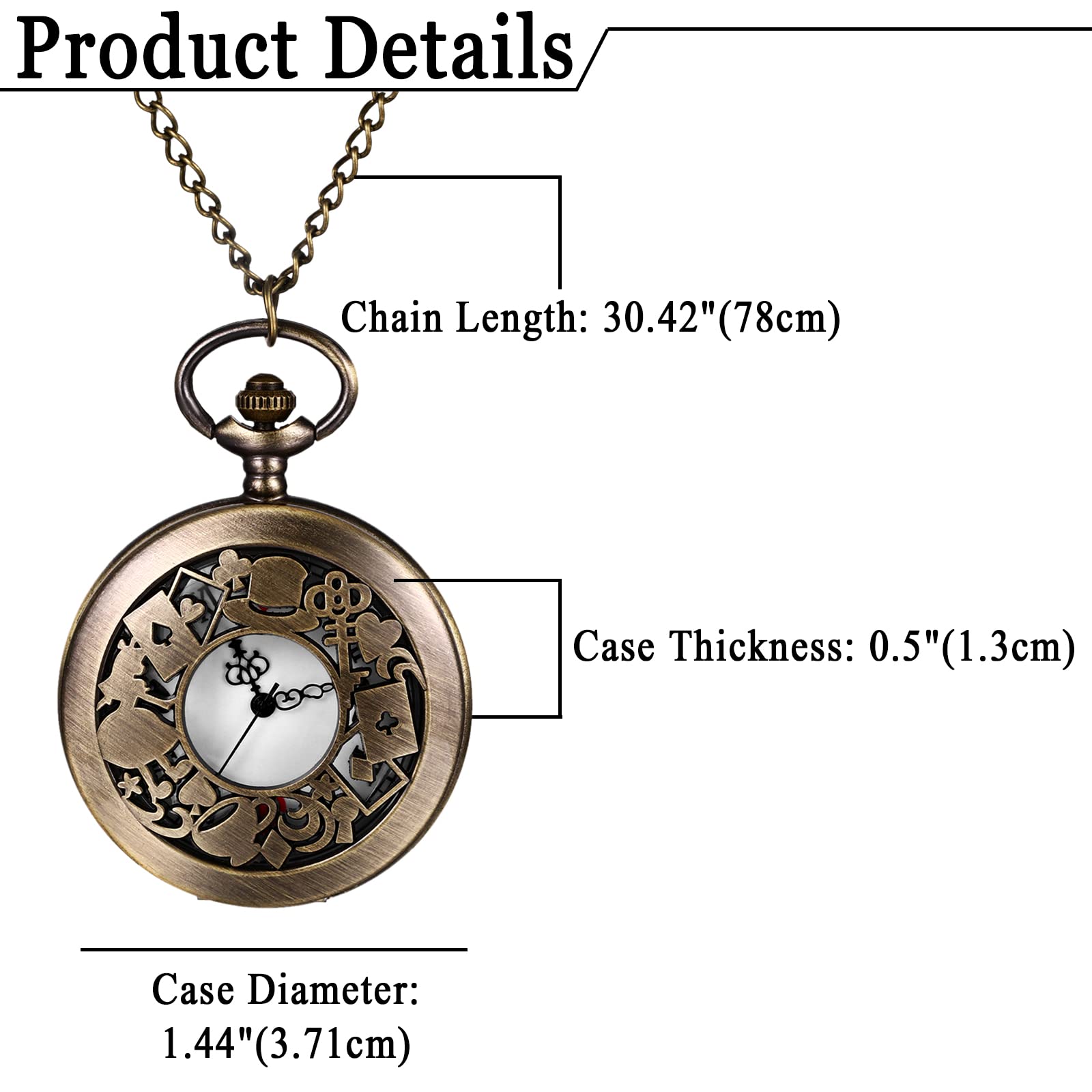 JewelryWe Taschenuhr Herren Retro Alice im Wunderland Skelett Kettenuhr mit Römischen Ziffern Vintage Analog Quarz Uhr Anhänger mit Halskette Kette für Damen Männer Bronze 5