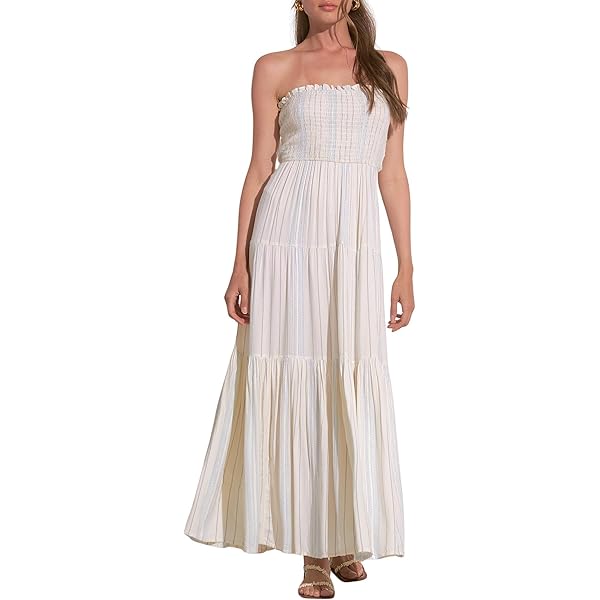ELAN Women's Tie-Strap Smocked Bodice Cover-Up Maxi Dress (White w/Stripes,  Small) at Amazon Women's Clothing store