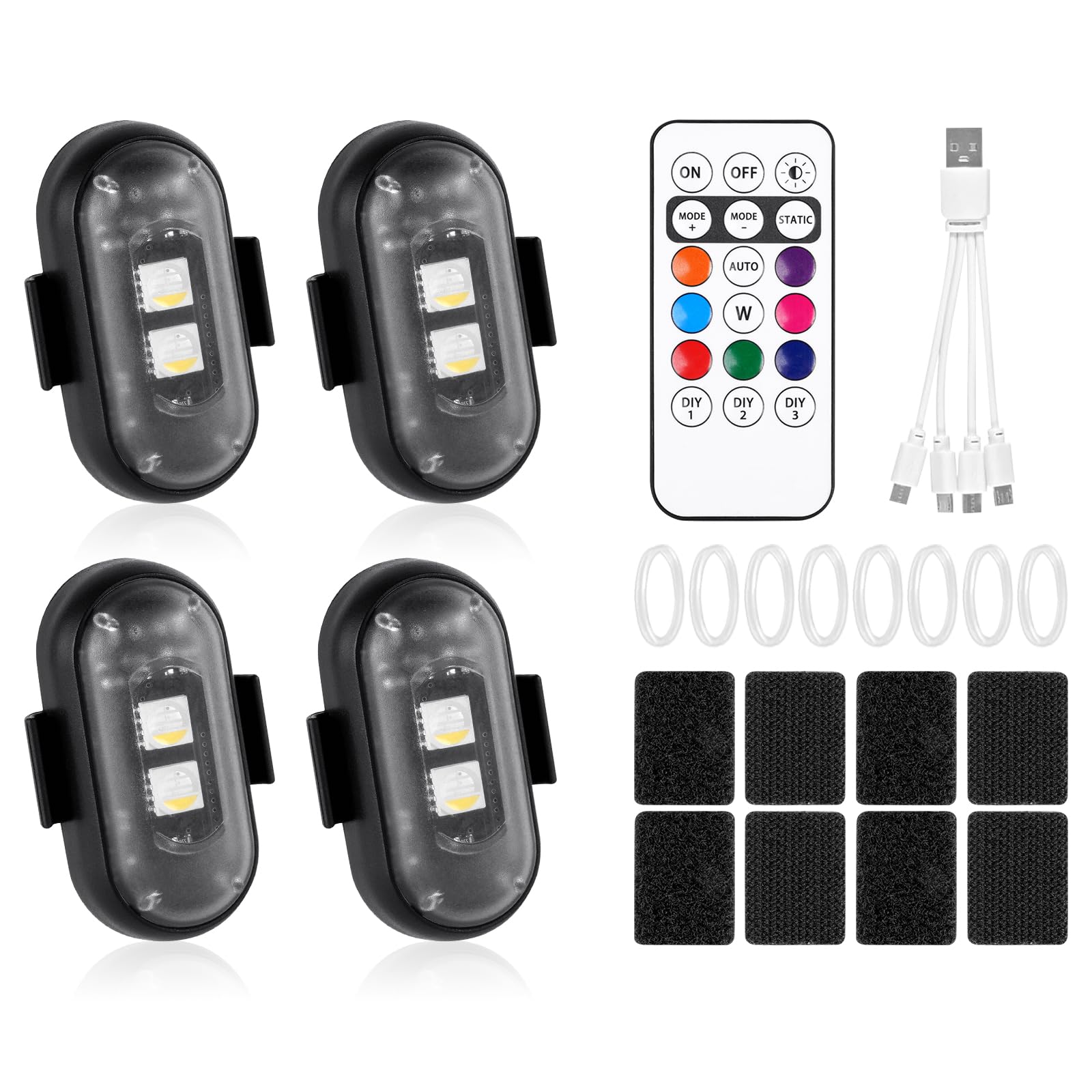 vsshe 4PCS LED Car Strobe Lights, with Remote Control, 8 Colors USB Rechargeable Waterproof Light, Wireless LED Ambient, Car Interior Lights, for RC Drones, Cars, Motorcycles, Bicycles, Trucks