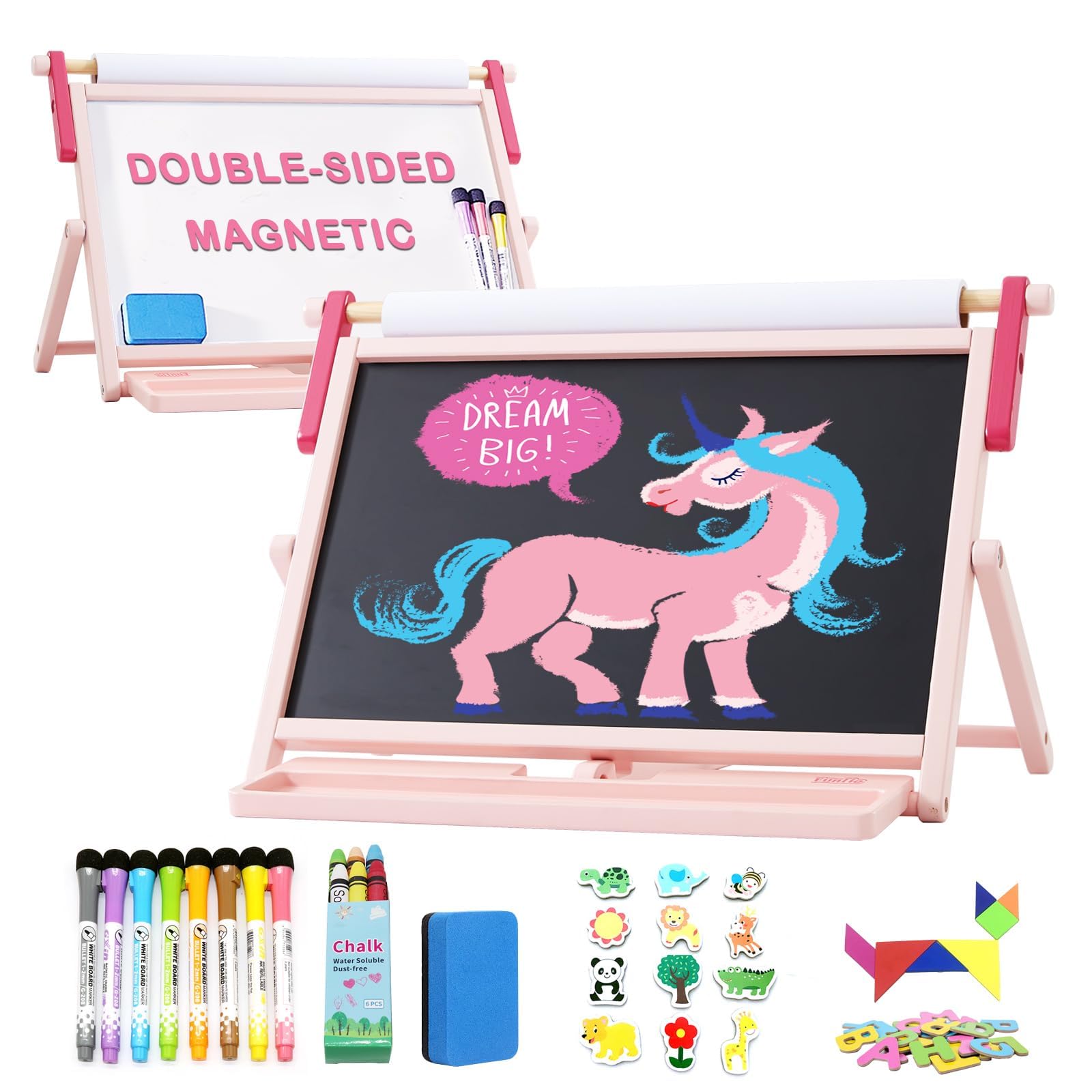 FUNLIO Wooden Table Top Easel for Kids Aged 3-5, 3 Angle Adjustable & Foldable Magnetic Kids Easel，Double Sided Tabletop Easel with Paper Roll Holder - Pink
