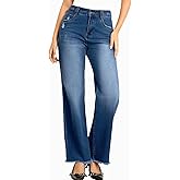JK SUE JONES Wide Leg Jeans for Women Mid High Waist Straight Leg Boyfriend Mom Denim Pants Frayed Raw Hem