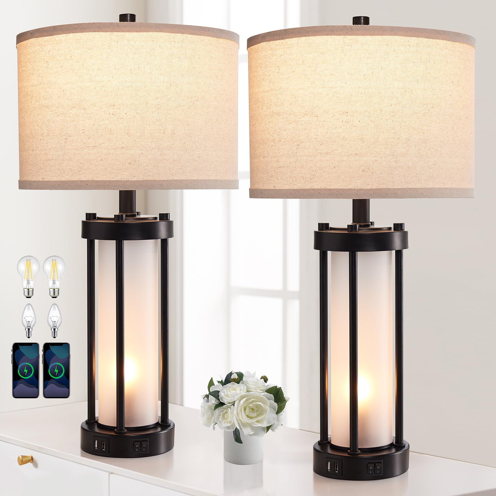 Photo 1 of RORIA Set of 2 Modern Table Lamps for Living Room with 2 USB Ports, White Frosted Glass Nightlight for Bedroom, Contemporary Desk Lamps for Nightstand End Table Entryway, 4 Bulbs Included (Black)