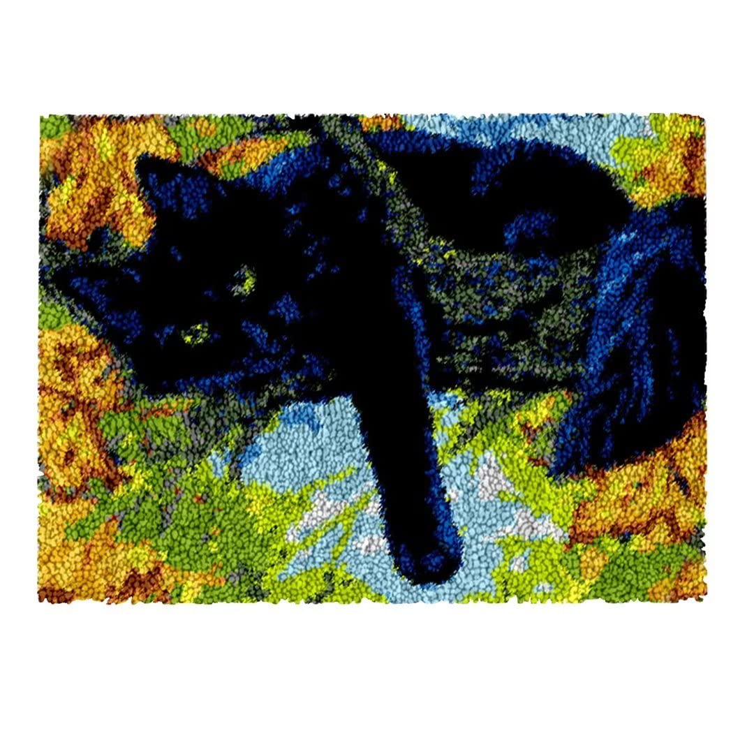 ROCKY&CHAO Latch Hook Kits for Adults, Black Cat 20x15Inch, DIY Latch Hook Black Cat Rug Kit 50x38cm, Home Carpet Rug Making Kit, Cross Stitch Embroidery Kits Needlework Crafts Rug for Home Decor