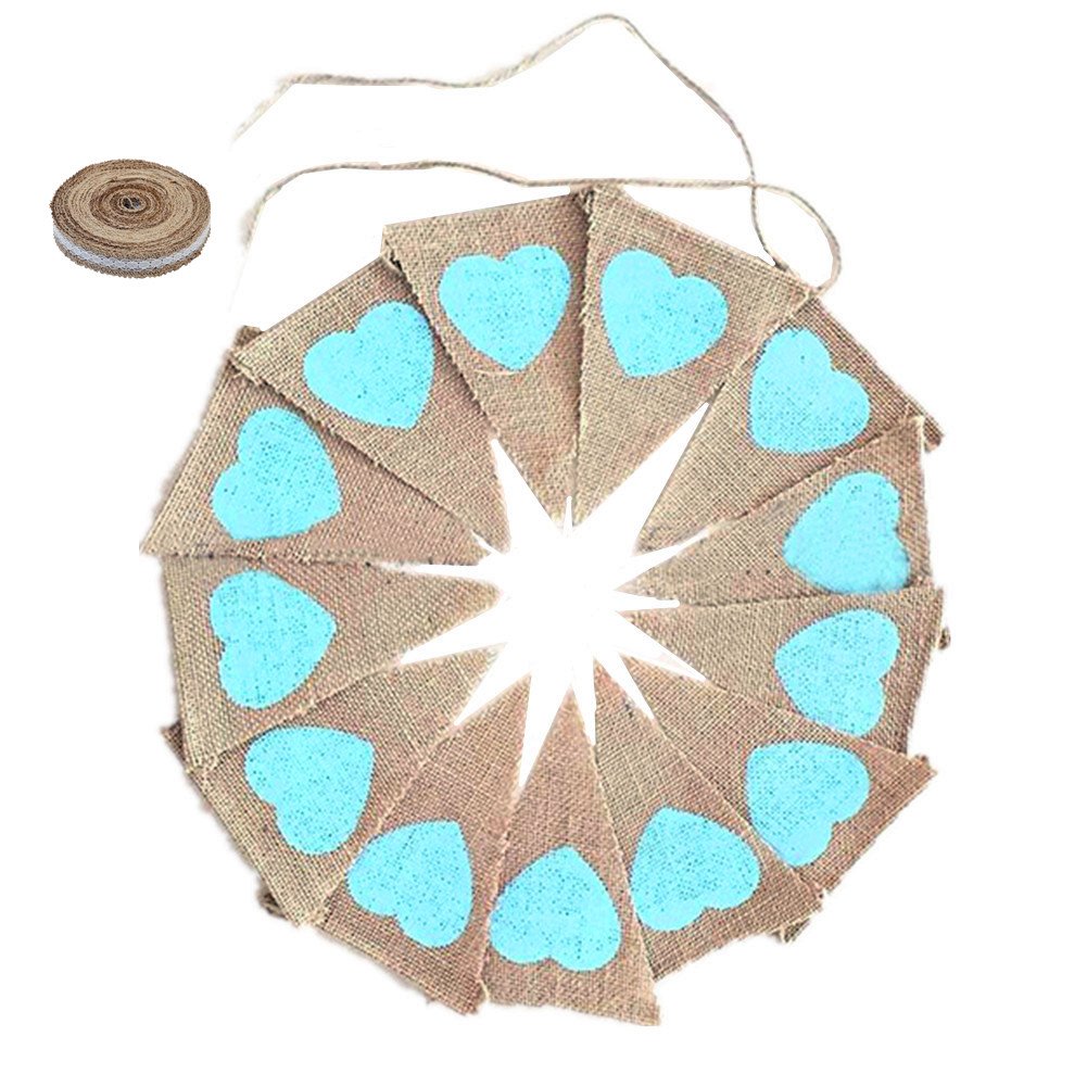 Zhiheng 13 Pieces Flags Heart Hessian Bunting Rustic Burlap Banner with 1 Meter Vintage Ribbon for Wedding Birthday Celebration Party Decoration (Blue)