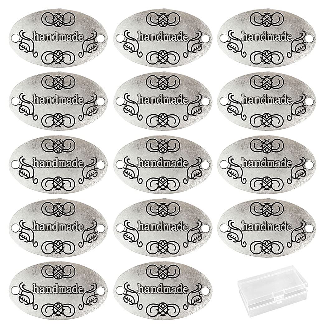 Aabellay 60PCS Alloy Handmade Metal Label Tag Signs Metal Tags Hand Made Pendant Bead Charm for DIY Jewelry Making Crafts Findings Gift - 32x19mm - Oval Silver