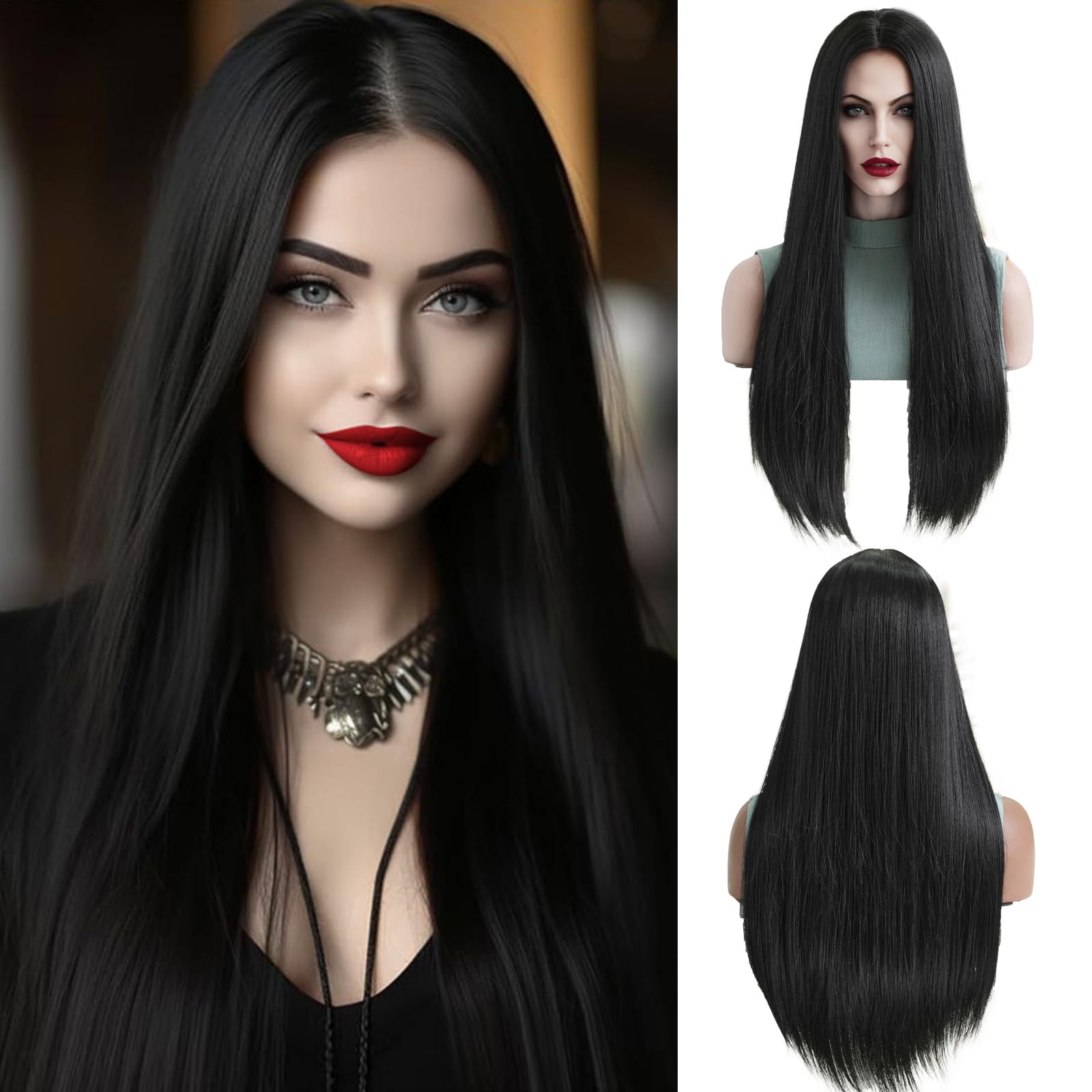 OUFEI Long Straight Black wigs for Women Synthetic Hair Heat Resistant Wigs for Halloween Daily Party Cosplay Morticia Addams Wear — image 1