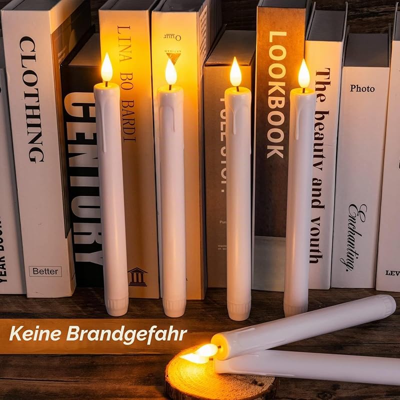 6 Stück White led stabkerzen, Flammenlose Tafelkerzenmit fernbedienung, batteriebetriebene LED Kerzen, 3D-Dochtlicht für Weihnachtsdeko