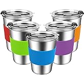 ShineMe Kids Stainless Steel Cups,12oz Kids Metal Drinking Glasses with Lids and Sleeves, 5pack Reusable Water Tumbler for Children and Adults Spill Proof, Apply to Indoor and Outdoor
