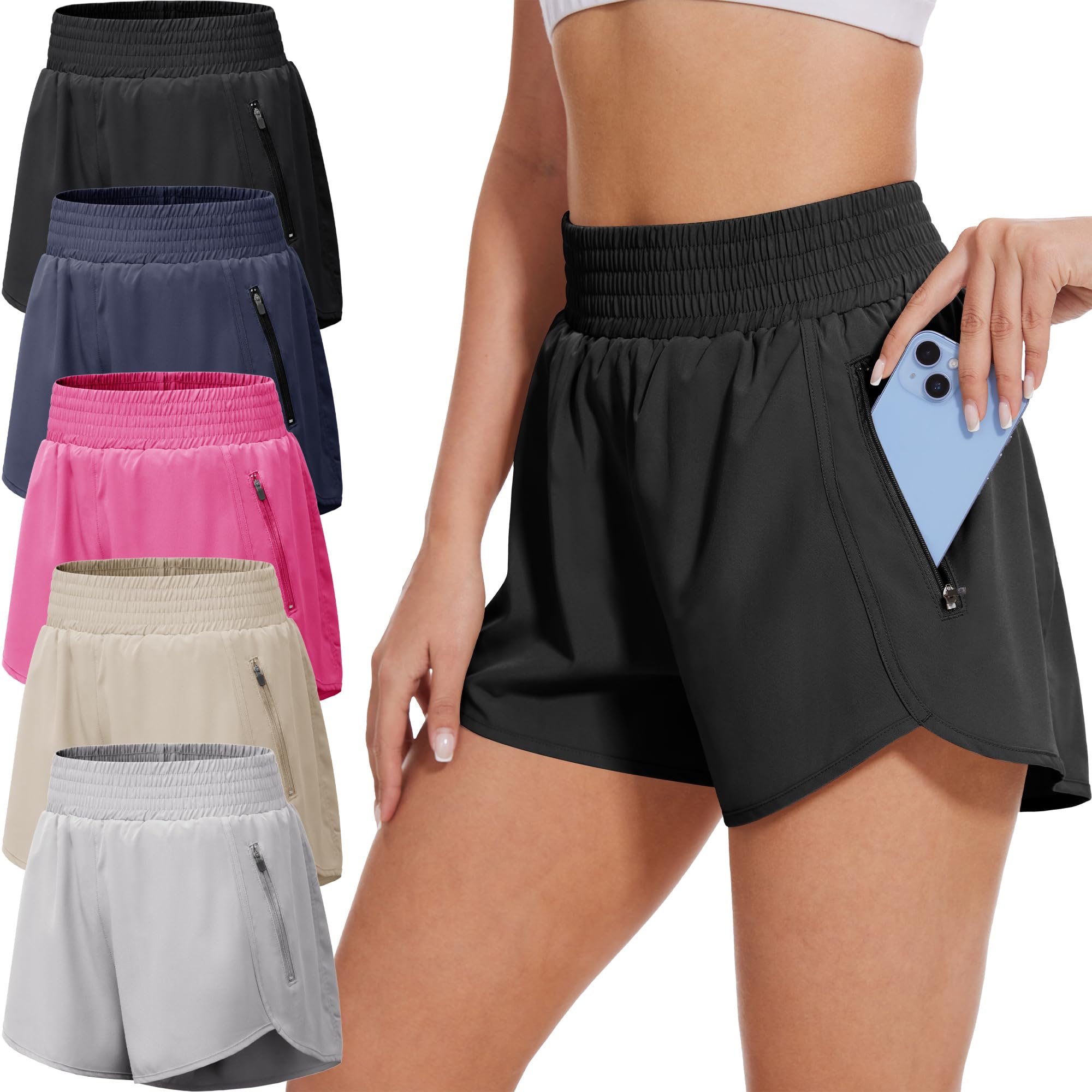 Photo 1 of - ONLY 2- 
BALENNZ Women's 5 Pack Athletic Workout Shorts with Zipper Pockets Activewear Elastic Waist Gym Running Shorts, Medium