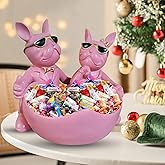 Huhote Bulldog Lovers Candy Bowl Decor，Heart-shaped Key Holder Bowl Candy Dish, Bulldog Accessories, Resin Bulldog Statue for Office Desk Home Decor Figurines Entryway Table Decor（Pink）