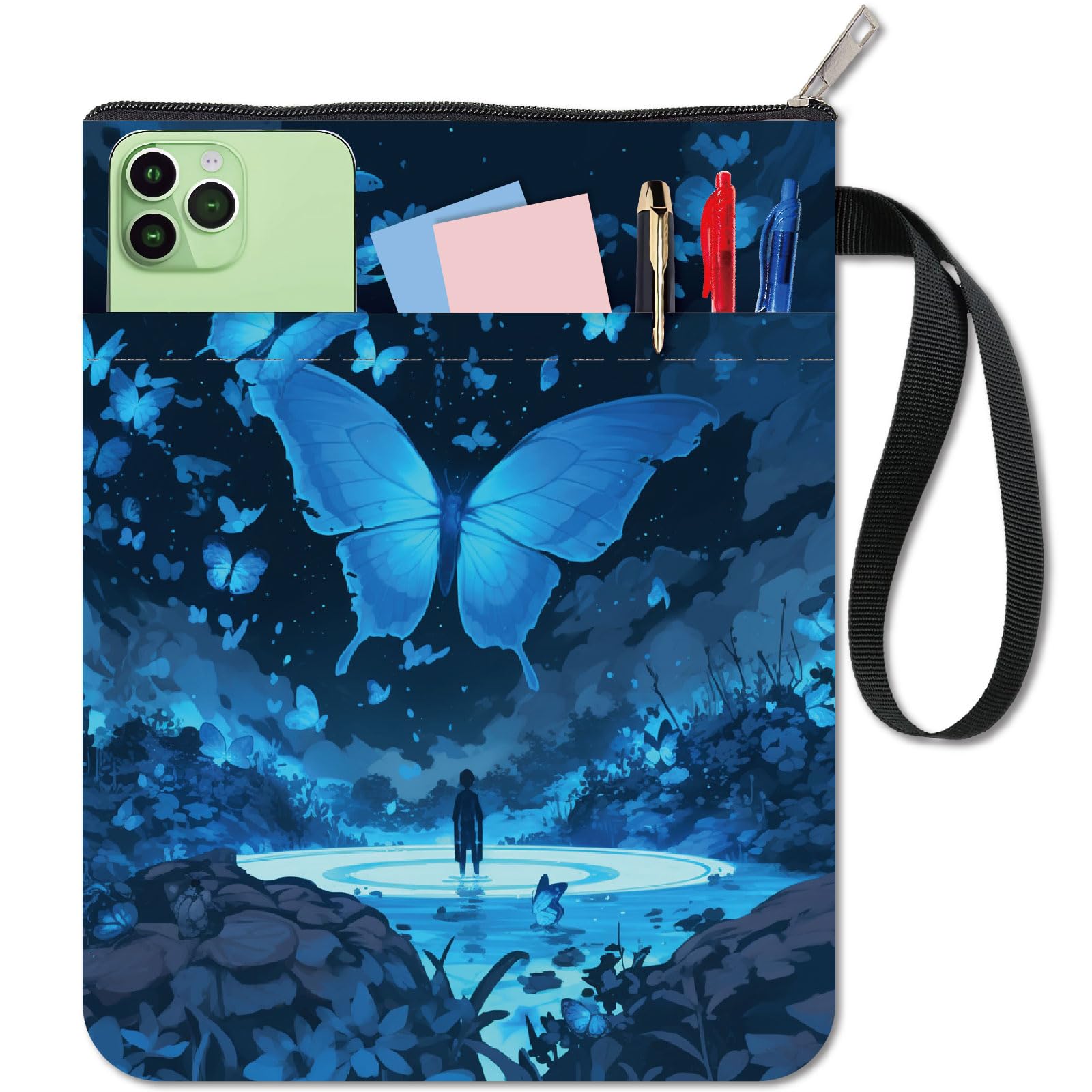 CRASPIRE Butterfly Book Sleeve Blue Book Covers Book Protector for Paperbacks Washable Fabric Cloth Book Cover with Zipper and Extra Sleeve Pocket for Book Lovers Classmate Gifts