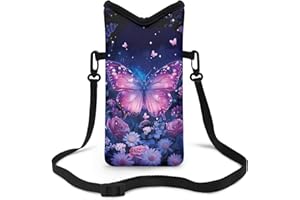 Suobstales Butterfly Daisy Rose Flower Print Neoprene Phone Sleeve for Women Men, Lightweight Cell Phone Pouch Case Bag with Crossbody Strap/Neck Lanyard for iPhone Samsung, 8 X 4 inch