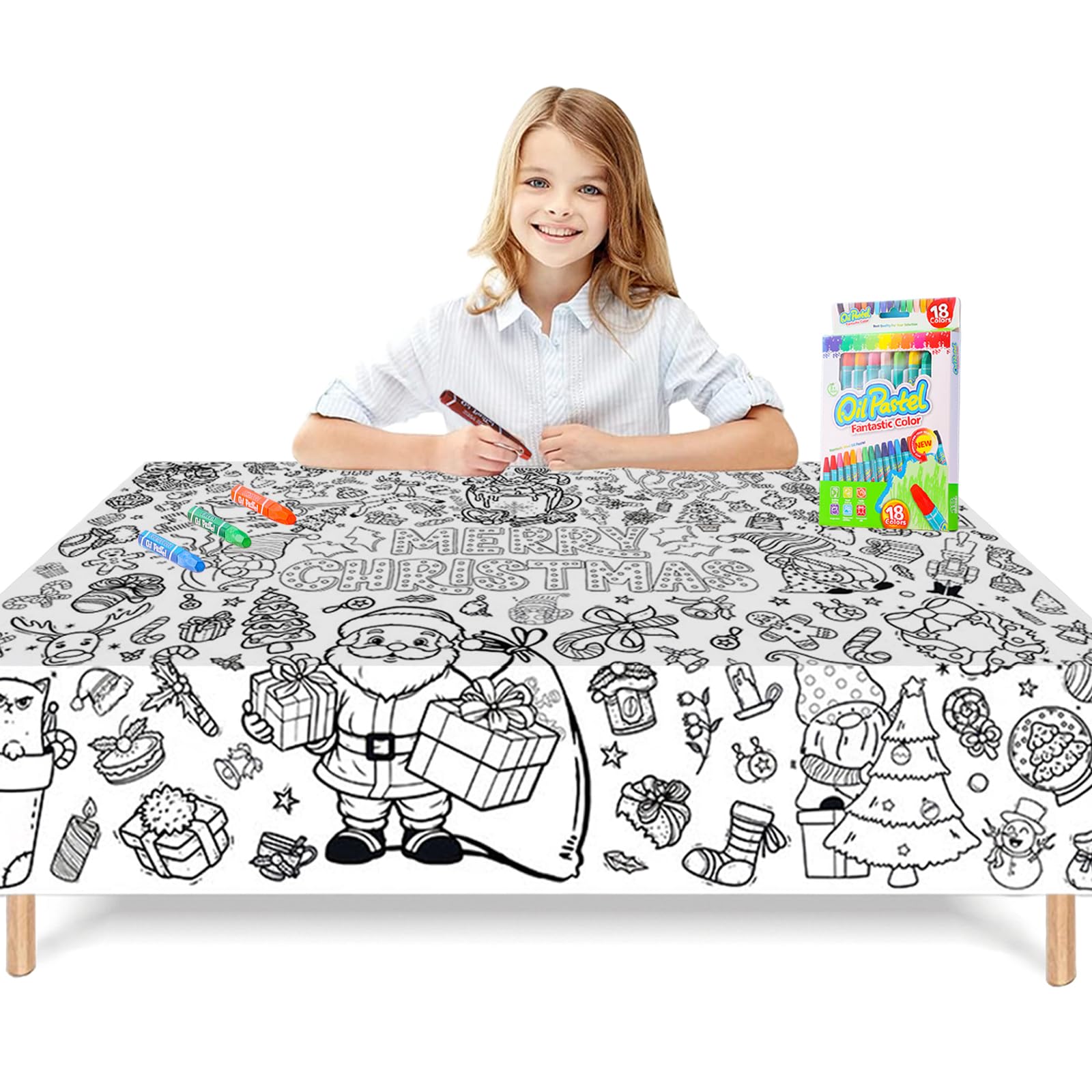 Giant Poster Table Cloth for Kids, 47x71inch Christmas Coloring with 18 Paint Pens: Christmas Crafts and Wall Covering β image 1